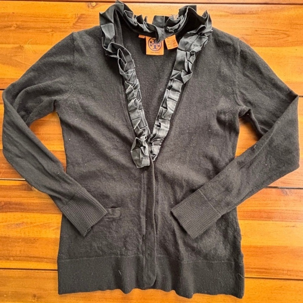 Tory‎ Burch Black Merino Wool Silk Ruffle Cardigan Sweater, Medium